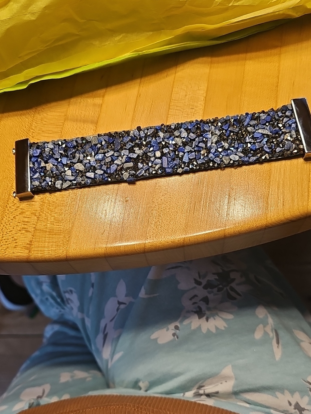 Boutique Blue Lapis Crystal Stone Chip Magnetic Cuff Bracelet 7"